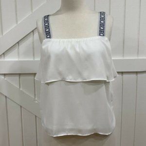 J Crew 4 White Navy Embroidered Tank Top Tiered